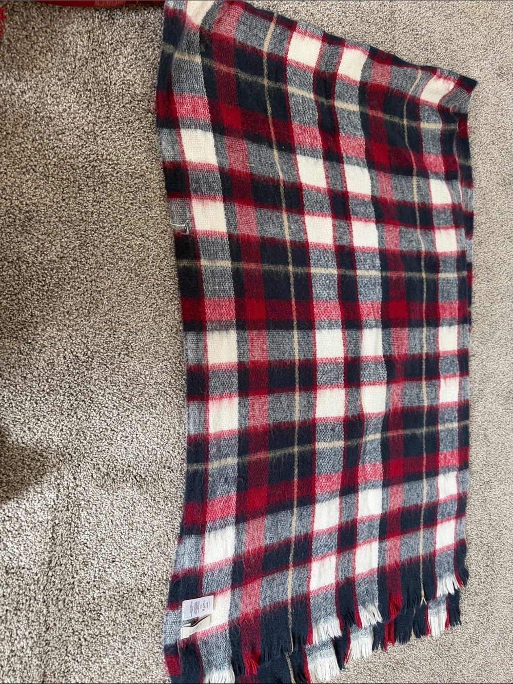 LOFT Red White Navy Plaid Fringed Scarf Wrap